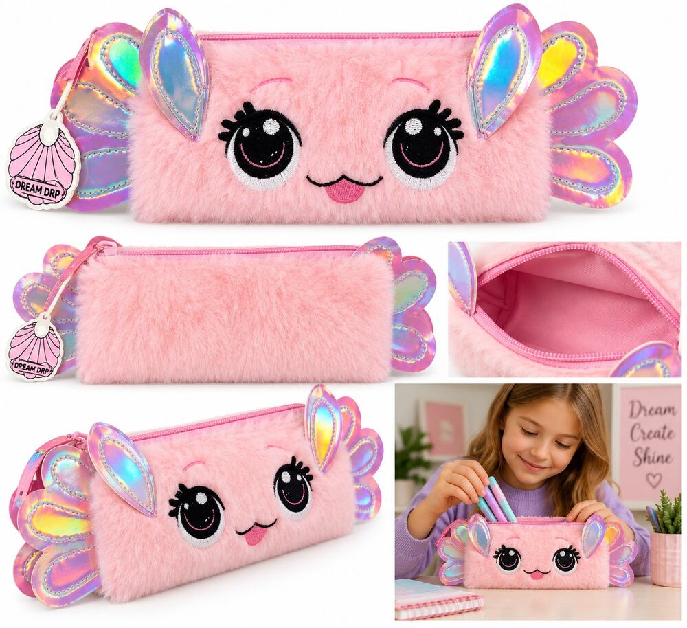 Pink Fuzzy Holographic Pencil Pouch – Cute Character Zipper Case